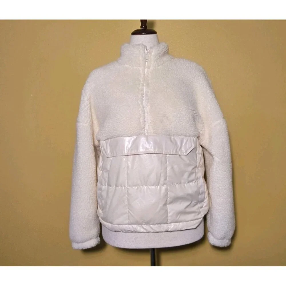 FABLETICS Nelly Mixed Media Half Zip‎ Sherpa Pullover Jacket Ivory Quilted Small - Picture 2 of 11